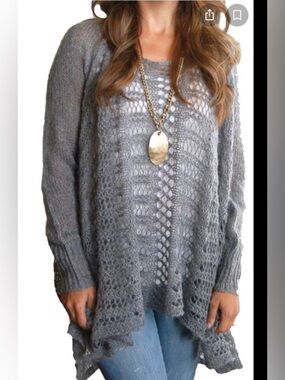 Grace & Lace - Gray Two-fit crochet open knit high-low hem sweater